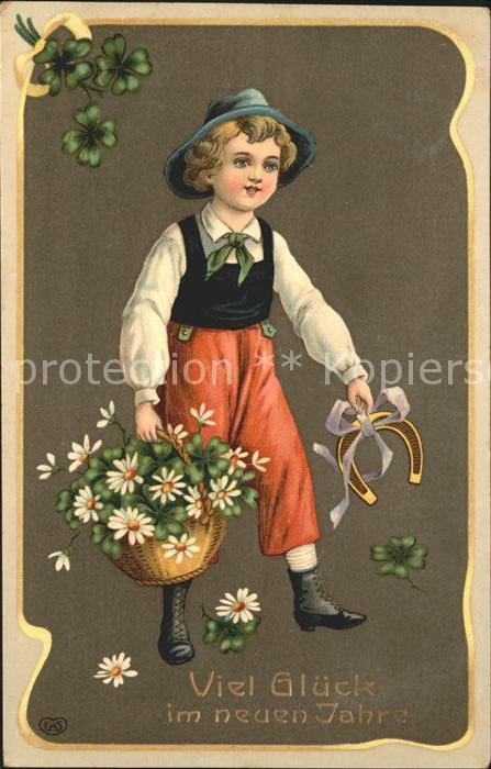 Kinder Child Enfants Neujahr Hufeisen Margeriten Kleeblaetter Litho