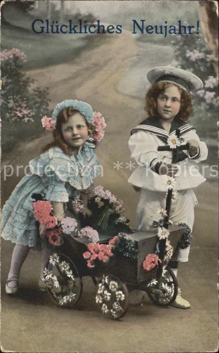 Neujahr Kinder Hutmode Matrosenanzug Wagen Blumen