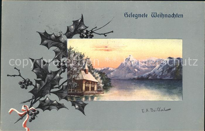 Weihnachten Stechpalme Berge Kapelle Kuenstlerkarte E. A. Boillac