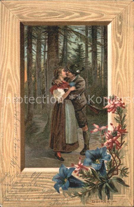 Doecker E. Jäger Paar Kuss Wald Enzian Litho