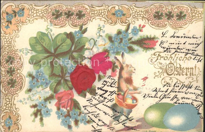 Vermenschlicht Hase Ostern Ostereier Vergissmeinnicht Rosen Maigloeckchen Kleebl