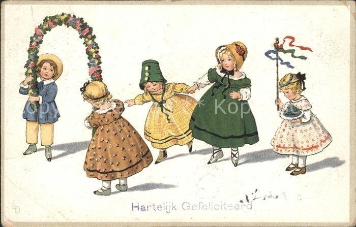 Kinder Child Enfants Geburtstag Blumen Tanz Litho