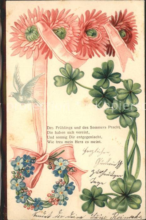Kleeblatt Cloverleaf Trebol Trefle Blumen Vergissmeinnicht Taube Schleife Litho