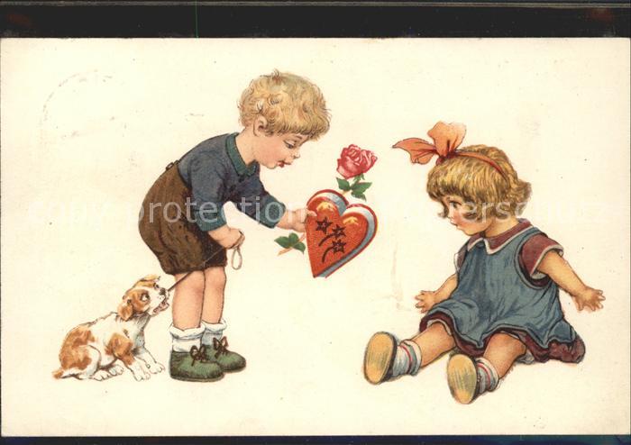 Kinder Child Enfants Hund Herz Rose Litho