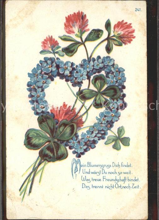 Kleeblatt Cloverleaf Trebol Trefle Blumen Vergissmeinnicht Herz Gedicht Litho