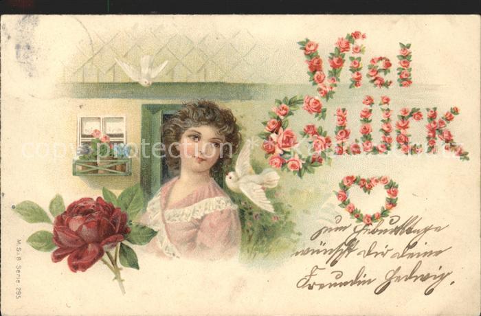 Rosen Frau Tauben Glück Herz Litho
