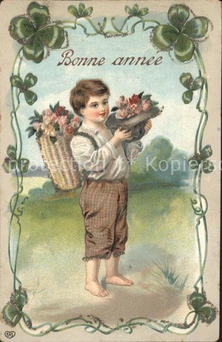 Neujahr Kind Rosen Kleeblaetter Litho