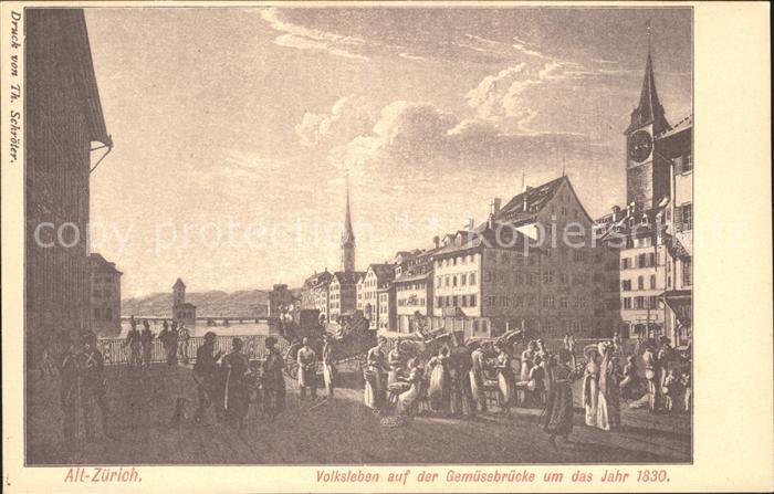 Zuerich Volksleben auf der Gemuesebruecke um 1830