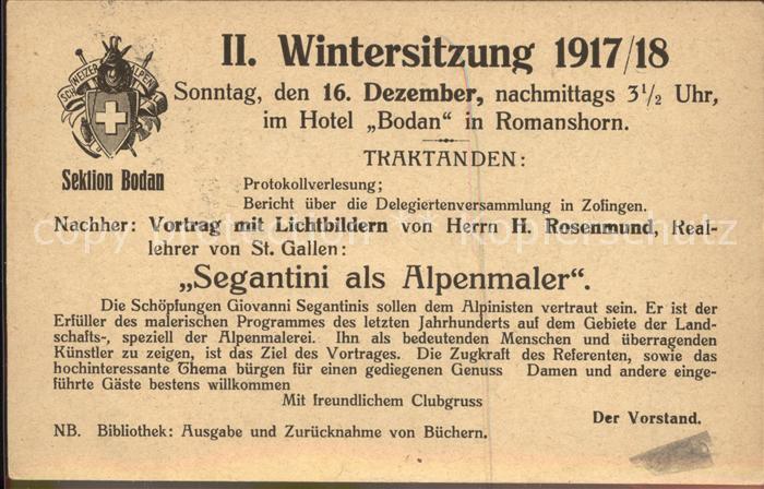 Segantini Giovanni Kuenstlerkarte Sektion Bodan II Wintersitzung Einladun