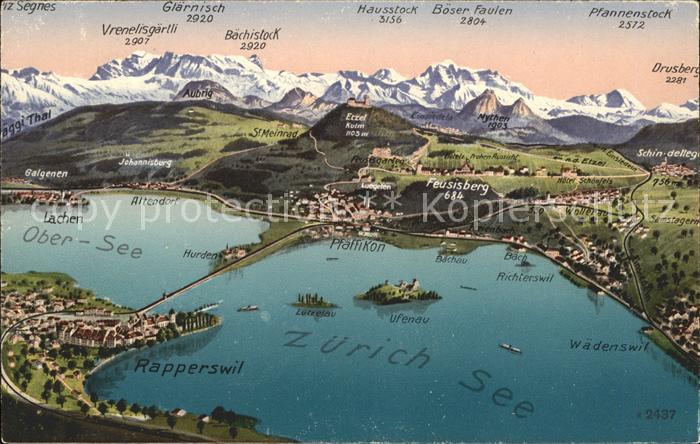 Zuerichsee mit Obersee Panoramakarte