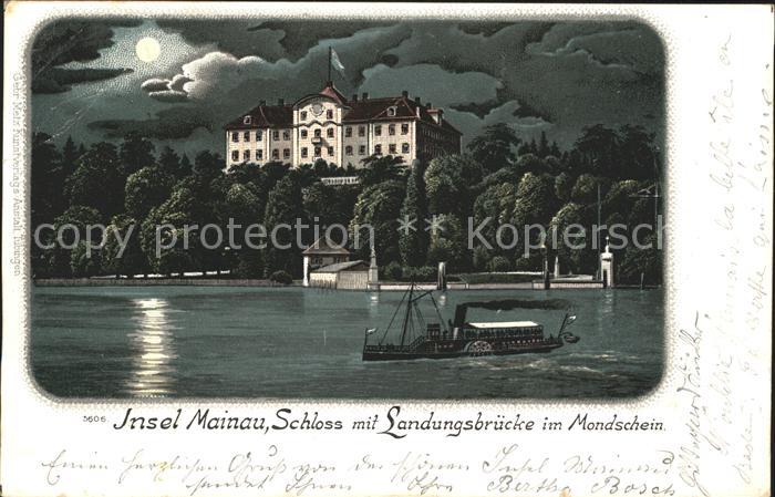 Insel Mainau Schloss mit Landungsbruecken im Mondschein Dampfschiff