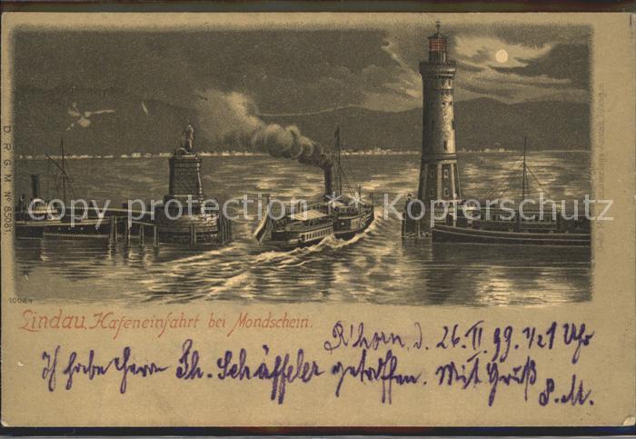 Lindau Bodensee Hafeneinfahrt Dampfer Leuchtturm bei Mondschein