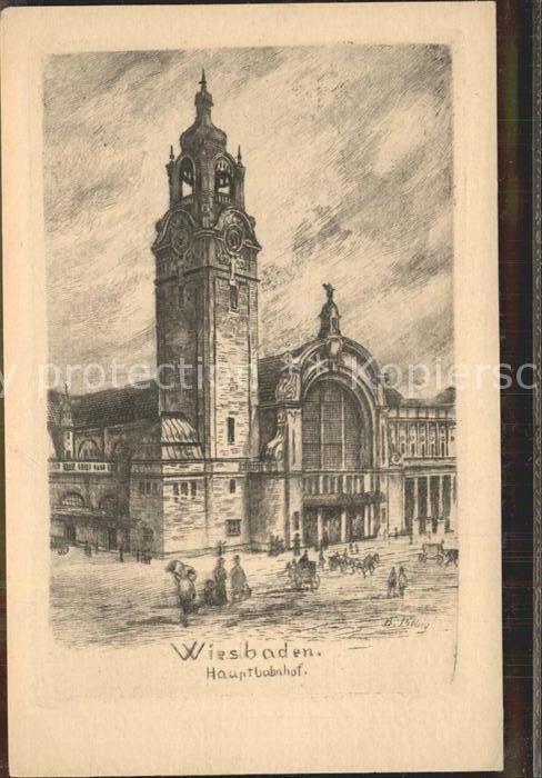 Wiesbaden Hauptbahnhof Zeichnung Kuenstlerkarte