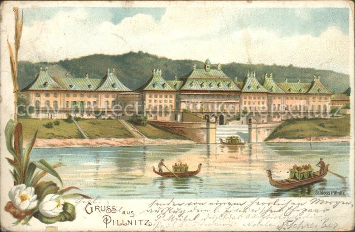 Pillnitz Schloss Elbe Boot Blume Kuenstlerkarte