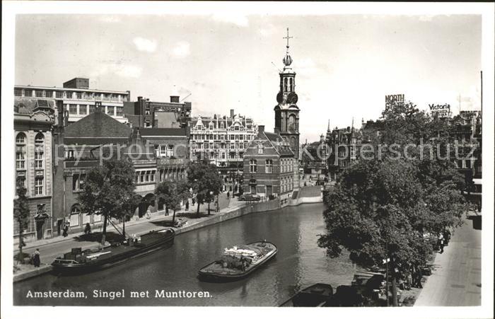 Amsterdam Niederlande Singel met Munttoren Kanal Frachtkahn
