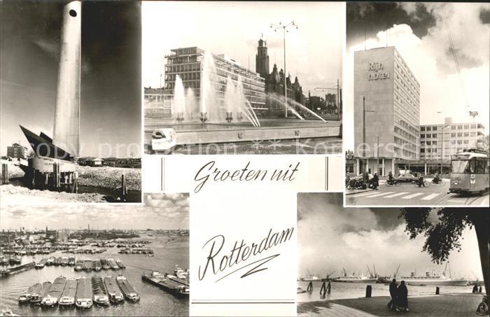 Rotterdam Denkmal Wasserspiele Hochhaus Hafen Frachtkahn Schiffe
