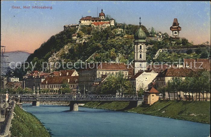 Graz Steiermark Mur Brücke Schlossberg Uhrturm Wahrzeic