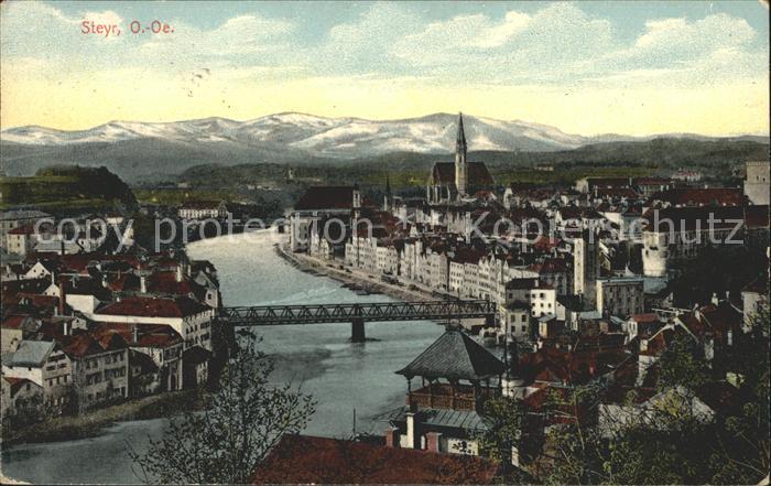 Steyr Enns Oberoesterreich Blick ueber die Stadt Bruecke Alpen