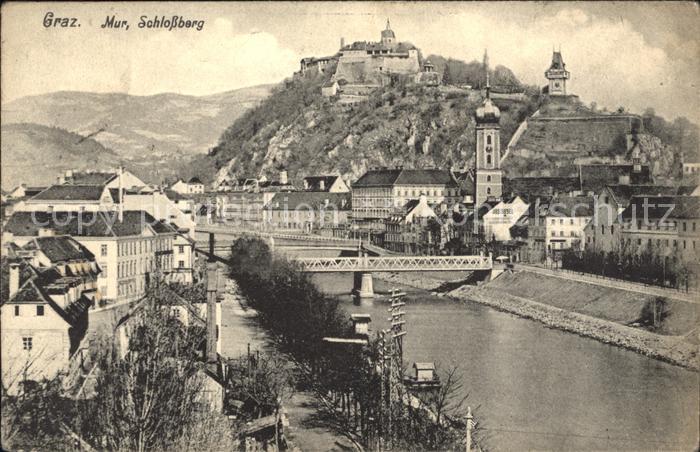 Graz Steiermark Mur Brücke Schlossberg Uhrturm Wahrzeic