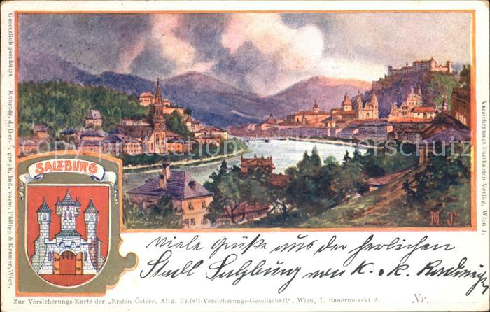 SALZBURG  AT Blick ueber die Salzach Festung Hohensalzburg Wappen Kuenstlerkarte