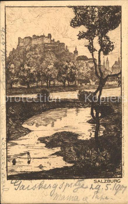 SALZBURG  AT Partie an der Salzach Festung Hohensalzburg Zeichnung Kuenstlerkart
