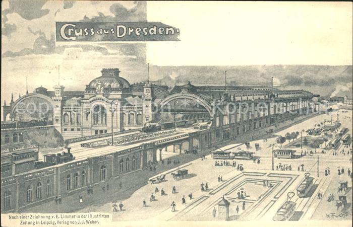 DRESDEN Elbe Bahnhof Eisenbahn Illustration Bahnpost Deutsche Reichspost