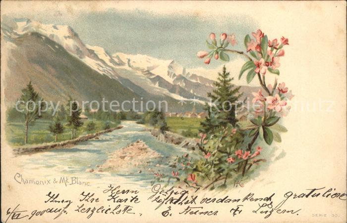 Chamonix Partie am Fluss Blumen Mont Blanc Kuenstlerkarte