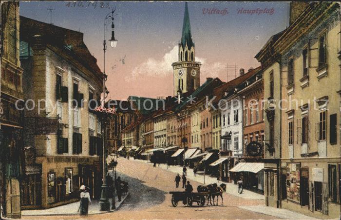 Villach Kaernten Hauptplatz Pferdefuhrwerk Kirchturm