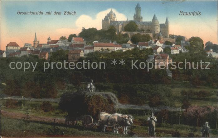 Braunfels Gesamtansicht mit Schloss Feldarbeit Heuernte Ochsenkarren