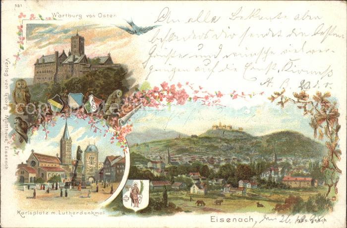 Eisenach Thueringen Wartburg Karlsplatz Lutherdenkmal Wappen Bahnpost