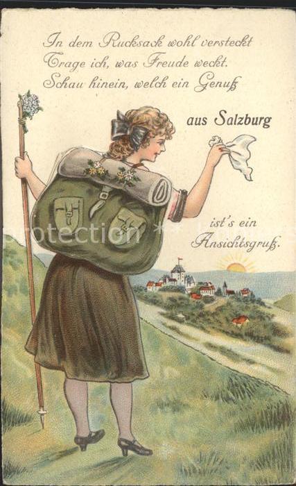 SALZBURG  AT Maedchen Rucksack Wanderstock Ansichtsgruss Spruch