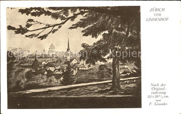 Zuerich Blick vom Lindenhof n. Originalradierung von F. Grunder Kuenstlerkarte
