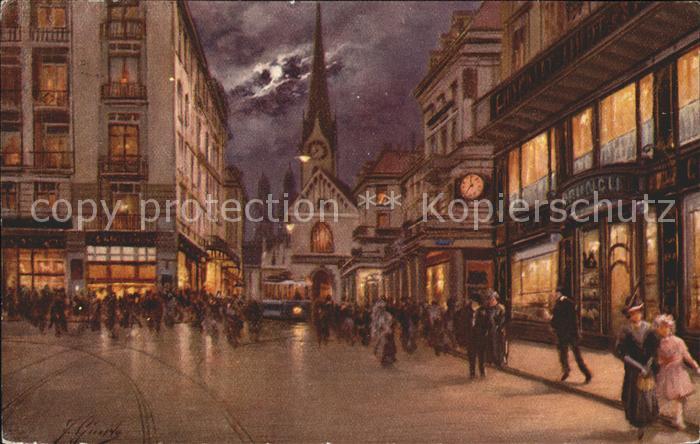 Zuerich Paradeplatz gegen Fraumuenster im Mondschein Kuenstlerkarte