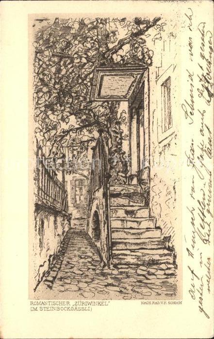 Zuerich Romantischer Zueriwinkel Steinbockgaessli nach Radierung von V. F. Schoc