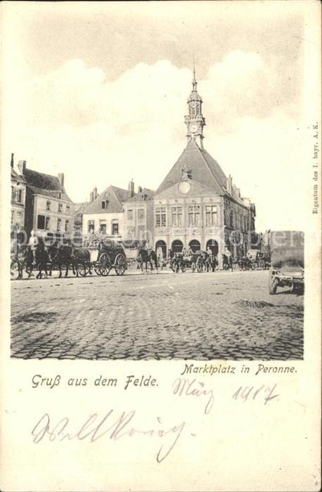 Peronne 80 Somme Marktplatz Pferdefuhrwerk Weltkrieg