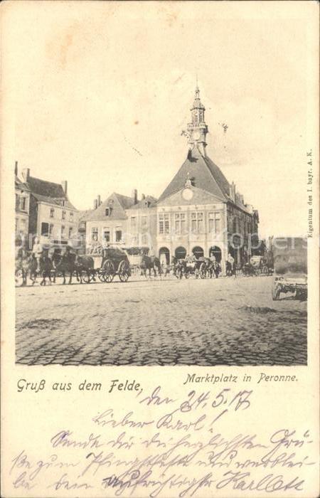 Peronne 80 Somme Marktplatz Pferdefuhrwerk Weltkrieg