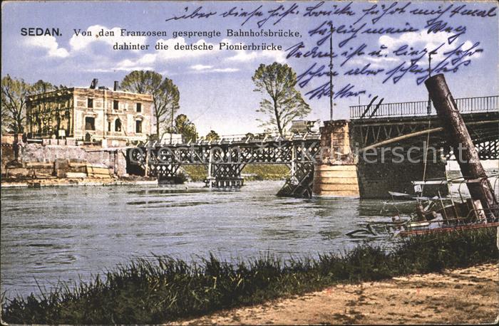 Sedan Ardennes von Franzosen gesprengte Bahnhofsbruecke deutsche Pionierbruecke