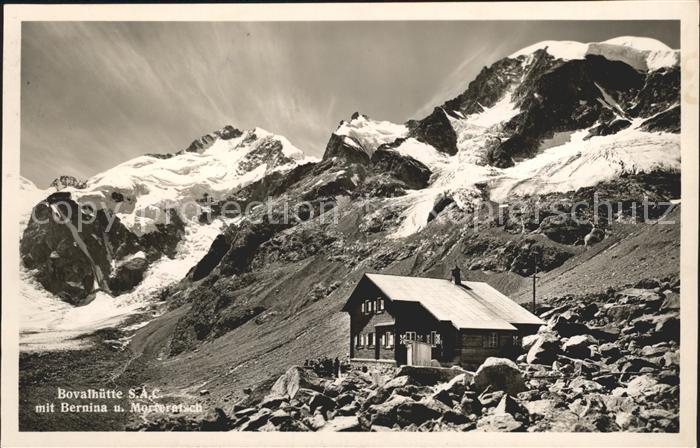 Bovalhuette Berghaus mit Bernina und Morteratsch