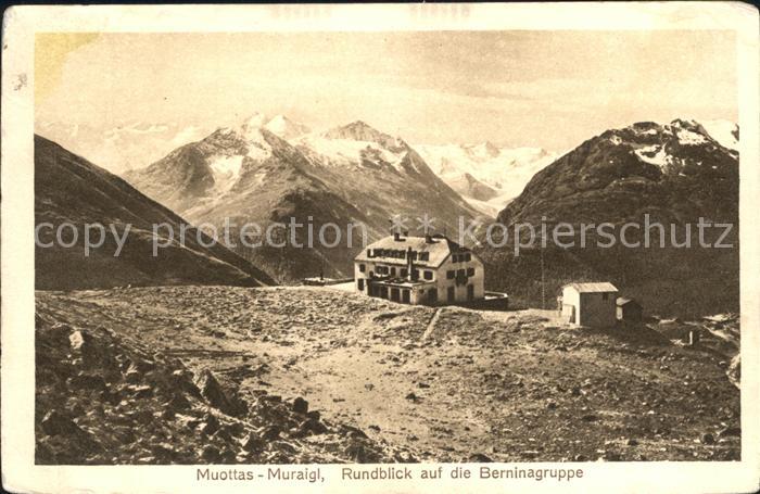 Muottas Muragl Berghaus Rundblick auf die Berninagruppe Gebirgspanorama