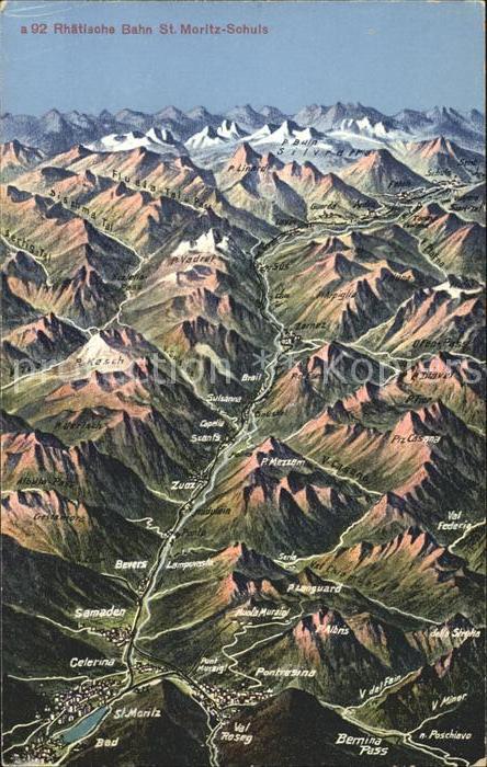 St Moritz GR Schuls Rhaetische Bahn uebersichtskarte Alpen aus der Vogelperspekt