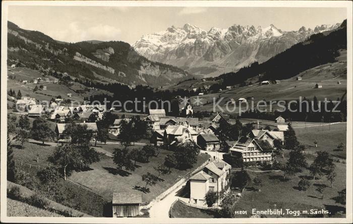 Ennetbuehl Gesamtansicht mit Saentis Appenzeller Alpen echter Photo Handdruck