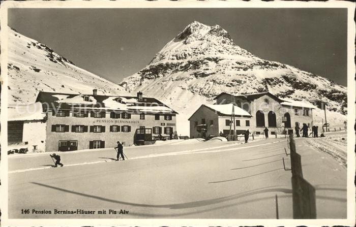 Pontresina Pension Bernina Haeuser mit Piz Alv