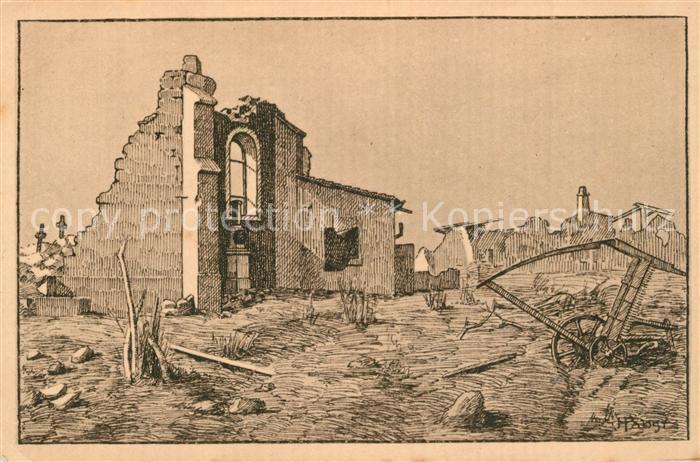 Grimaucourt-en-Woevre Truemmer 1. Weltkrieg Zeichnung Kuenstlerkarte