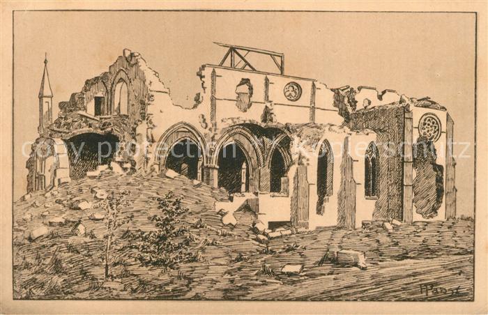 Rouvres Seine-et-Marne Kirche Truemmer 1. Weltkrieg Zeichnung Kuenstlerkarte