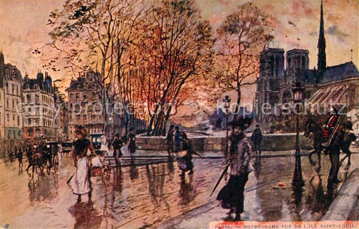 Paris Eglise Notre Dame vue de l'Ile Saint Louis Dessin Kuenstlerkarte