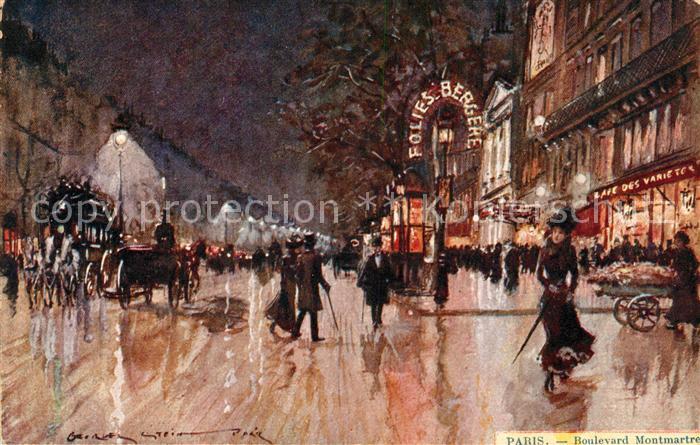 Paris Boulevard Montmartre le soir Dessin Kuenstlerkarte