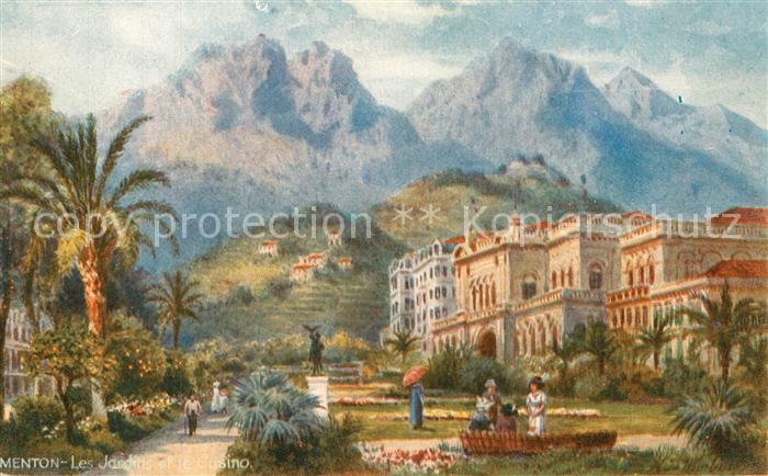 Menton Alpes Maritimes Les Jardins et le Casino Alpes Carte Postale Tuck Dessin
