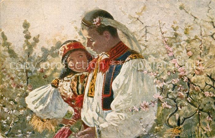 UPRKA Joza (1861-1940) Kuenstlerkarte Trachtenpaar Laska Fuehling