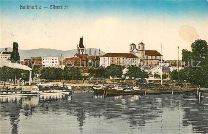 Leitmeritz Litomerice Nordboehmen Elbansicht Dampfer Frachtkahn Blick zur Stadt