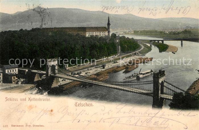 Tetschen-Bodenbach Boehmen Panorama Blick zum Schloss Elbe Kettenbruecke